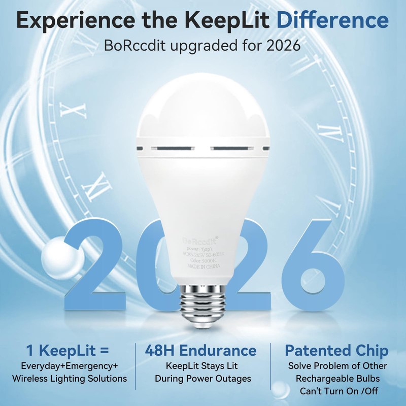 BoRccdit KeepLit 10PK Emergency Rechargeable Light Bulbs, 48H Battery Backup,