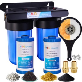 H&G Lifestyles Whole House Water Filter System,Iron Filter for Well Water,2 Stage Water Filtration System, Reduce Fluoride Chlorine Odor Heavy Metal Lead, 4.5x10 Cartridge,1" Barb Cooper Fittings
