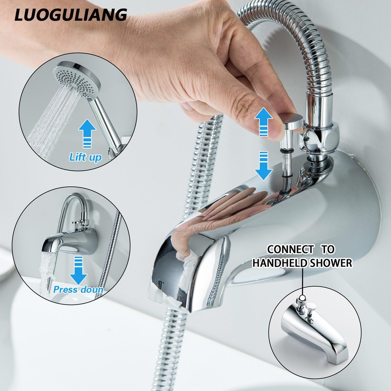LUOGULIANG Chrome Tub Spout with Diverter, 5 Settings Hand Held