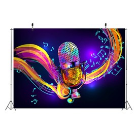 Loccor Music Backdrop Fabric 7x5ft Rainbow Microphone Backdrop for Karaoke Party Decorations Music Notation Photography Background Music Theme Party Birthday Supplies Concert Stage Banner Studio Props