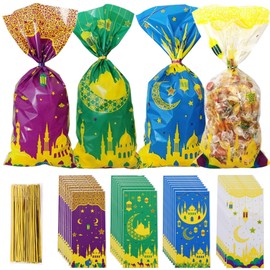 Eid Mubarak Party Bags, Pack of 100 Cellophane Bags, Eid Mubarak Gift Bags, Cellophane Plastic Goodie Bag, Gift Bags with 100 Gold Twist Ties for Eid Mubarak Party Decoration