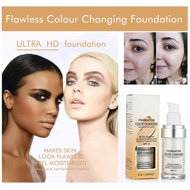 30ML Flawless Colour Changing Warm Skin Tone Foundation,Naturally Blends Moisturizing