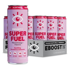 EBOOST Super Fuel Healthy Energy Drink - Caffeine from Natural & Clean Ingredients For Focus and Productivity -Taurine Free Pre-Workout With Electrolytes, Nootropic - Strawberry Lemonade, 12 Pack