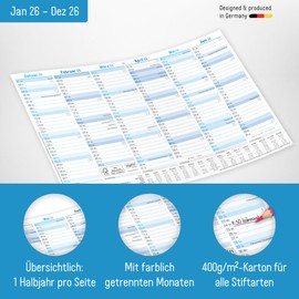 Häfft® 5 x Blackboard Calendar 2026 A4 Landscape "Blue" - Year Planner, Wall Calendar, Annual Calendar Including Small Overview Following Year, Holidays & Holiday Overview - Sustainable & Climate