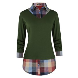 Oyamiki Women's V-Neck Collar 2 in 1 Office Tunic Sweater Army Green XL