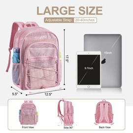 Heavy Duty Mesh Backpacks for Adults, Mesh School Booking Bags for Boys and Girls, See Through Backpack with Adjustable Straps, Mesh Bags for Swimming(Pink)