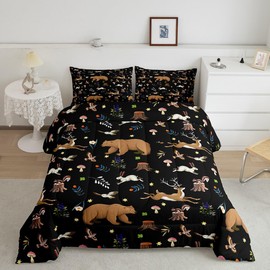 Feelyou Bear Bedding Set Queen Size Toddler Deer Hunting Comforter Set for Boys Farmhouse Mushroom Rabbit Comforter Bird Cabin Black Duvet Set Room Decor Quilt Set