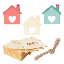 Unfinished The House Shape Wooden Tag Hanging Heart Wood Cutout Blank Wood Slices Wooden Tags with Twine for Christmas Valentine's Day Holiday Wedding Birthday Party Decoration20 Pcs