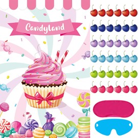 Hxezoc Pin the Cherry on the Cupcake Game With 36 Pcs Cherries Large Cupcake Party Games Poster for Kids Girls Candy Birthday Party Carnival Party Supplies