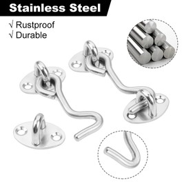 BOWAREPRO Pack of 2 Stainless Steel Cabin Hooks with Eyelet, 7.5 cm, Door Hooks with 8 Screws, Gate Hook Lock, Latch, Door, Storm Hook for Roller Shutters, Sheds, Sliding Doors, Garage Door, Window (3