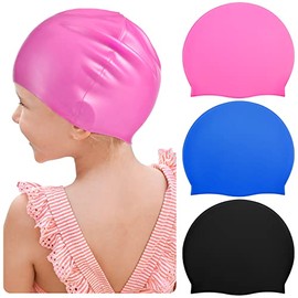 3 Pieces Kids Swim Caps for Long Hair Silicone Swimming Cap for Girls Boys Kids Teens with Long Curly Hair Braids Dreadlocks Large Waterproof Swim Hat (Plain Style, Black, Pink, Navy)
