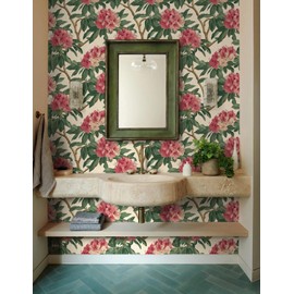 Wudnaye Red Floral Peel and Stick Wallpaper Vintage Floral Wallpaper 16.9in×196in Large Flower Contact Paper Green Leaf Peel and Stick Wall Paper Self Adhesive Removable Waterproof for Kitchen Bedroom