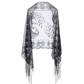 BABEYOND 1920s Sequined Peacock Shawl Wraps Fringed Evening Cape Wedding Bridal Shawl Scarf for Evening Dresses Party, Black Silver, One Size