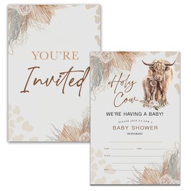 YIDOU Boho Highland Cow Baby Shower Party Invitations Holy Cow Pampas Baby Shower Fill in Invites Cards 20 Invitations and Envelopes (Double Sided)