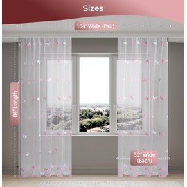 Sheer Curtains 84 Inches Long - 2 Panel Set | 52W x 84L inches White-Pink Sheer Drapes | Semi Sheer Voile with Elegant Linen Lace and 3" Rod Pocket | Ideal for Bedroom, Living Room, Kitchen