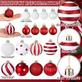 PullCrease 48 Pcs Christmas Ball Ornaments 1.6'' 2.4'' Elf Red and White Hanging Decorations Glittering Plastic Candy Cane Balls Swirl Peppermint Christmas Pendants for Xmas Tree Decoration, 2 Size