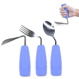 Ehucon Adaptive Utensils Angled Spoon and Fork for Hand Tremors Parkinsons,Weighted Utensils with Non-Slip Easy Grip Handles for Independent Eating (1pcs Knife+1pcs Fork+1 pcs Spoon,Purple,Right Hand)