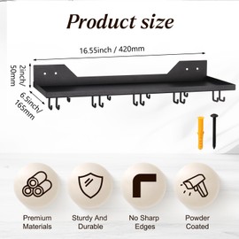 Alffun Metal Floating Shelves with Hooks, Home Gym Wall Storage Shelf, Gym Attachment Organizer, Perfect for Garage, Bedroom, Living Room, Study Room, Kitchen, Office