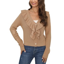 MISSKY Women's Long Sleeve Open Front Cropped Cardigan Ruffle V Neck Button Down Knit Sweaters,Apricot XL