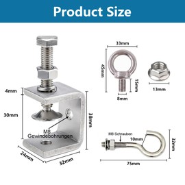 Set of 9 Stainless Steel C Clamps, C Clamp Jaw Openings 30 mm, Table Clamp with Eye Bolt M8, Screw Hooks, Metal Screw Clamps for DIY, Woodworking, Woodworking