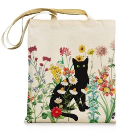 CharmBurst Black Cat Canvas Bag with Zipper Pockets, Vintage Flower Design, Cute Fabric Bag, Reusable Shopping Bag, Gift for Women