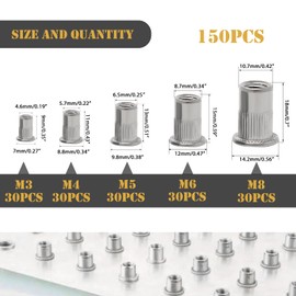 Wkmamo Pack of 150 Rivet Nuts 304 Stainless Steel M3 M4 M5 M6 M8, Rivet Nuts Threaded Rivets, Metric Rivet Nutsert, Thread Rive Nutsert Cap for Fixing Furniture Decorations Crafts