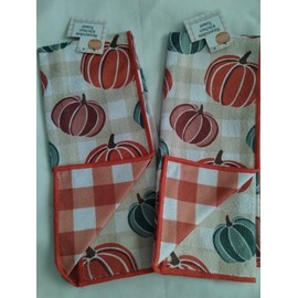 Harvest Fall Season NWT 2  FALL HARVEST ORANGE PUMPKIN & BUFFALO PLAID REVERSIBLE KITCHEN TOWELS