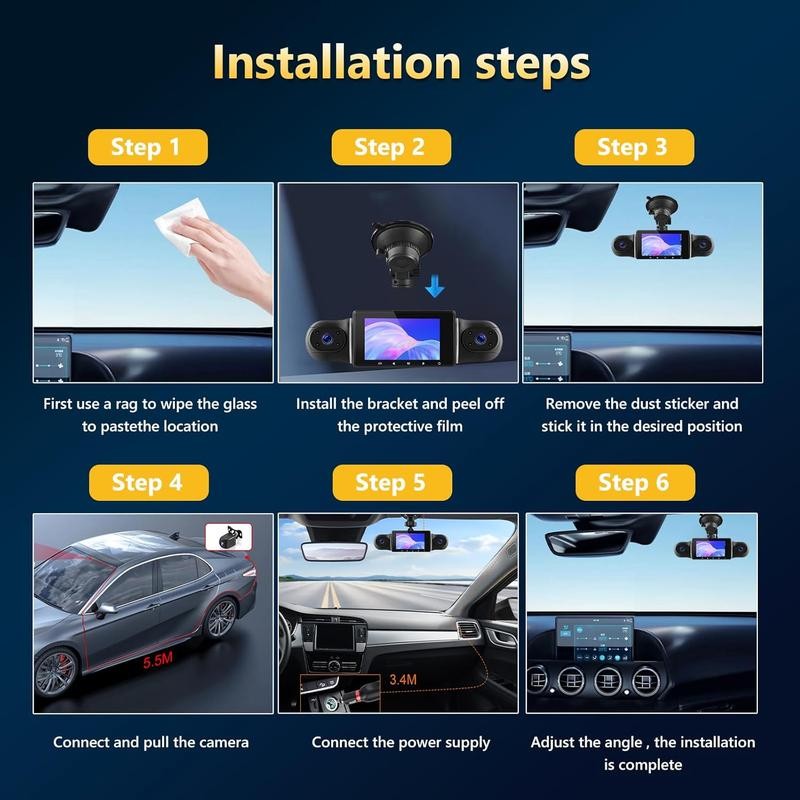 WiFi 360° Dash Cam Front and Rear Inside,4 Channel 3"