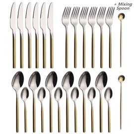 CHAAMFORGE 24 Piece Silverware Set For 6 Gold Handle Heavy duty 18/10 Stainless Steel Flatware Set Modern Design Knife/Fork/Spoon Mirror Polished Dishwasher Safe Cutlery Set with Gifts
