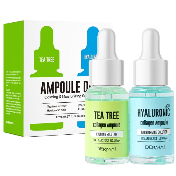 DERMAL Perfect Ampoule Serum Duo Tea Tree & Hyaluronic Acid 0.57 fl.oz x 2 - Rich Nutrient Serum with Collagen, Moisturizing for Sensitive and Irritated Skin