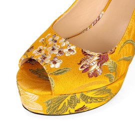 YODEKS Platform Stiletto Heels for Women Peep Toe 5 Inch High Heel Shoes Slingback Pumps Yellow Embroidered Floral Shoes Size 8