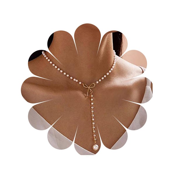 Allereya Crystal Pearl Pendant Necklace Long Drop Y Necklace Station