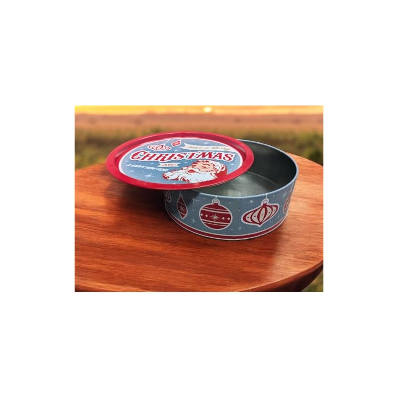 Holiday XL Round Cookie Tin with Tray Lid Santa -