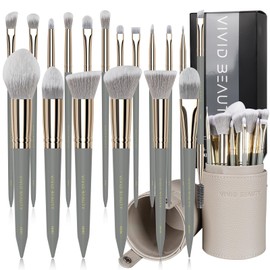 Vivid Beauty Makeup Brush Set, 18 Pcs Make up Brushes for Face and Eye with Travel Case – Natural Wood Handles – Unique Pointed Design, Makeup Brushes for Professional & Beginner Makeup Lovers (Gray)