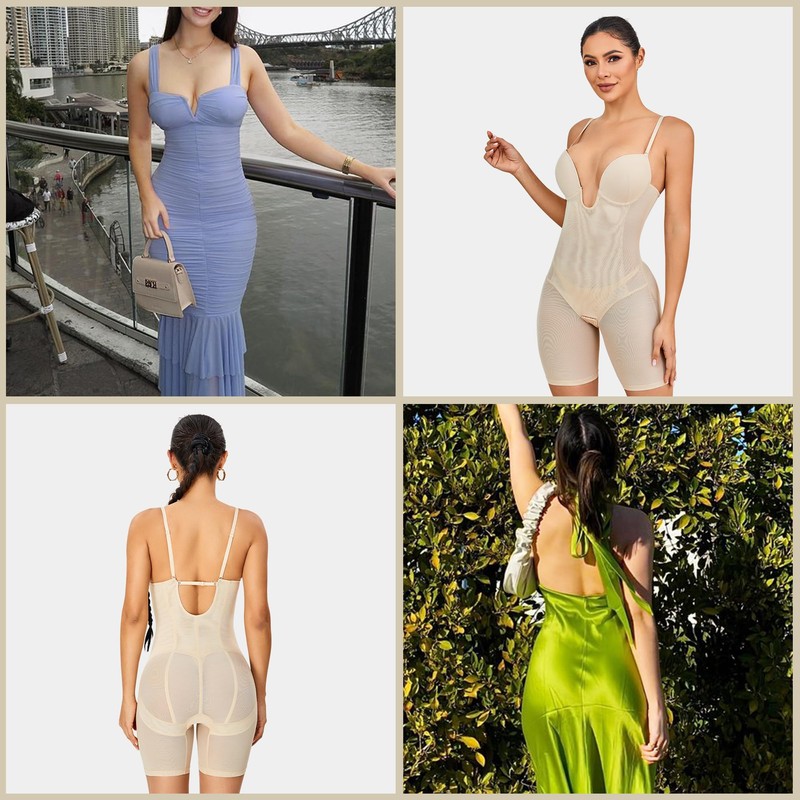 SAYFUT Full Body Shapewear Mid Thigh Mesh strapless Bodysuit Top