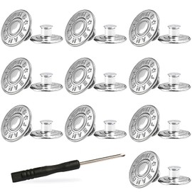 BTtime Jeans Buttons Metal Buttons 17mm Set of 10 Screw On Jeans Buttons Easy to Install DIY Handmade Extension and Shrink with Dedicated Screwdriver (Silver)