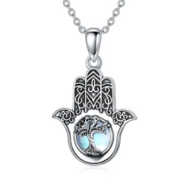 ROMANTICWORK Hamsa Necklace 925 Sterling Silver Tree of Life with Moonstone Necklace Hand of Fatima Amulet Pendant Hamsa Jewelry Gifts for Women