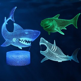 Kenmaca Sharks Night Light for Kids Boy Girl Bedroom, 3D Illusion Lamp 3 Patterns 16 Colors Changing Dimmable Room Decor, Touch & Remote Control, Birthday Christmas Gift Baby Toddler Teenage