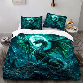 Ruiqieor Bed Linen 135 x 200 cm, Green Dragon Motif Bed Linen Set, 3-Piece, 1 Duvet Cover + 2 Pillowcases 80 x 80 cm, 3D Animal Printed Boy Girl Bed Linen (#3)
