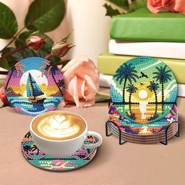 8 Pcs Beach Diamond Art Coasters Kits with Holder, DIY Landscape Diamond Painting Coasters Mosaic Kits for Adults, Round Non Slip Coaster Crafts for Tabletop Protection and Gifts