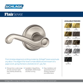 Schlage F10 V FLA 605 Flair Door Lever, Hall & Closet Passage Lock, Bright Brass