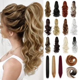 Felendy 18" 20" Ponytail Extension Claw Clip in Curly Wavy Straight Pony Hair Extensions Jaw Clip on Pony Tail Hairpiece Synthetic for Women (Ash Blonde Mix Ginger Brown-Straight)