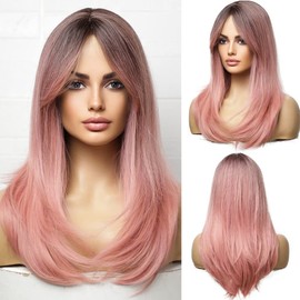 Esmee Long Straight Ombre Pink Wigs for Women Synthetic Layered Light Pink Hair Wig with Fringe for Daily Party Cosplay Use-20Inches