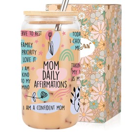 LEADO Mom Daily Affirmations Cups, 16oz Iced Coffee Cup with Lid and Straw - Mom Gifts from Daughter, Son - Birthday, Inspirational, Mothers Day Gifts for Mom, Boy Mom - Mama Tumbler, Mom Cup