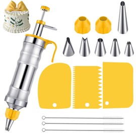 Dessert Decorating Syringe, Stainless Steel Dessert Syringe Kit Baking Tools, Cupcake Piping Icing Syringe Set, Baking Supplies Frosting Tools with 6 Pieces Icing Nozzles, Dessert Cream Scraper