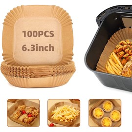Papel para Freidora de Aire, Forro de Papel Desechable de Alimentaria Revestimiento Antiadherente, Air Fryer Paper de Silicona al Aceite, Cuadrado Filtros para Hornear/Hornos/Microondas/Sartén(100pcs)