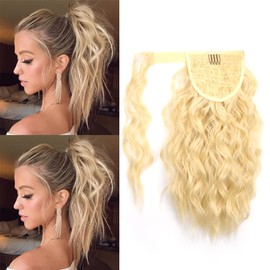 Yinmei Baibian Blonde Curly Ponytail Hair Extension 14inch Short Wavy Wrap Around Pony Tail Synthetic Clip in Corn Wave Ponytails for Black Women Fluffy Heat Resistant Magic Paste Ponytails(613#)