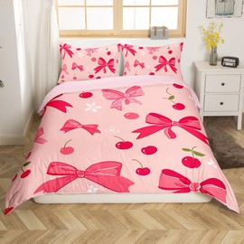 Feelyou Bow Bedding Set for Girls Boys Kids Twin Size Cheery Comforter Cover Set Room Decor Cute Duvet Cover Hot Pink Bedspread Cover,No Comforter