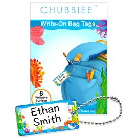 Child ID Bag Tags, Write-On Kids Name Tags for Backpack, Lunchbox & Diaper Bag, Great for Preschool & Daycare, Pack of 6 (Blue Ocean)
