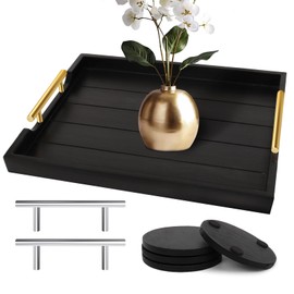 SXNOWS Coffee Table Tray - Large Ottoman Tray for Living Room - Wood Serving Tray with Handles(2 Sets) - Wooden Tray for Coffee Table, 4 Round Coasters Included, Black